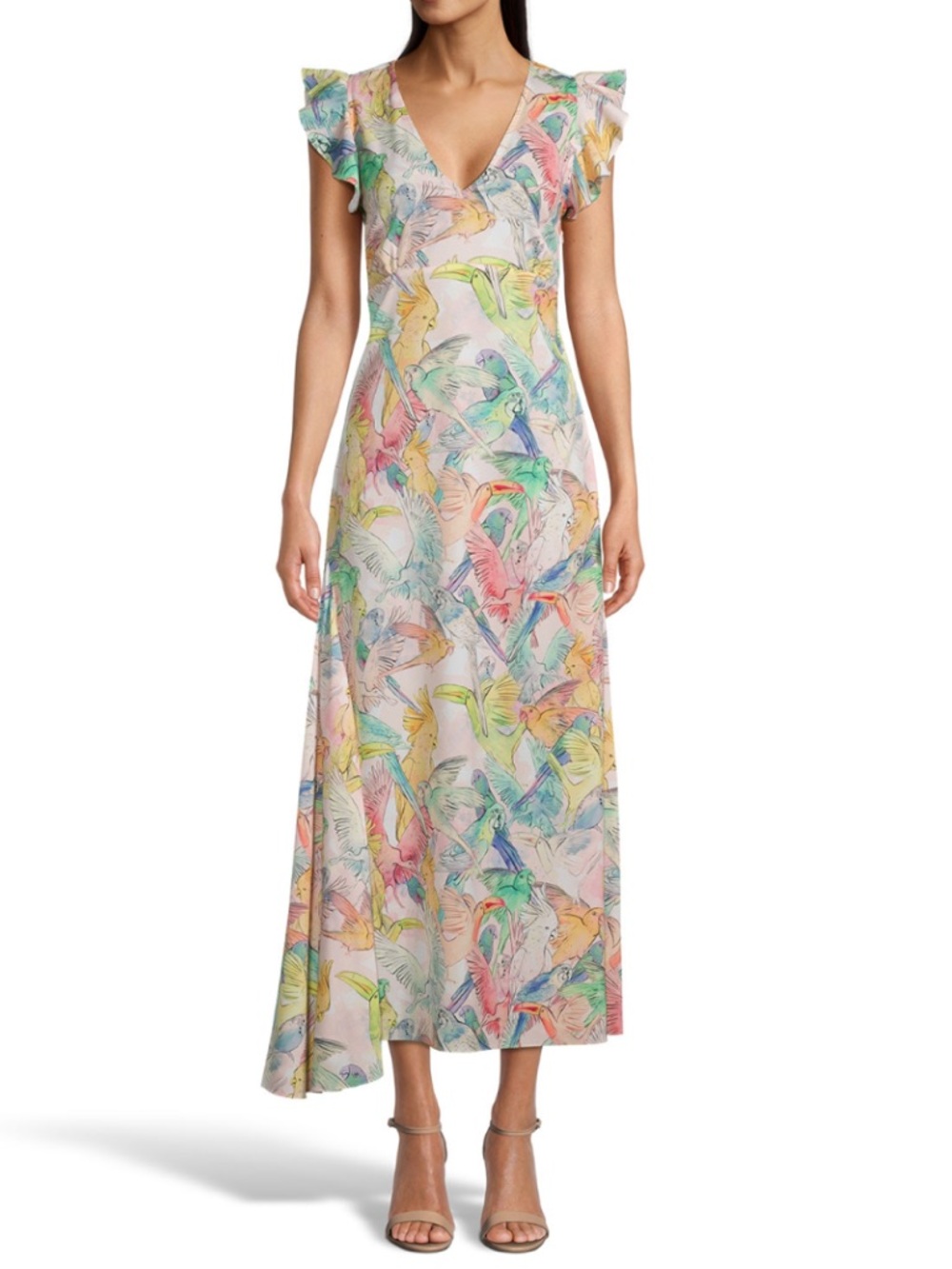 Robert Graham Multicolor Bird-Print Maxi Dress with Ruffle Sleeves